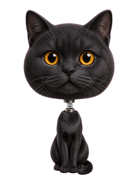 Schwarze Wackelkatze mit goldenen Augen